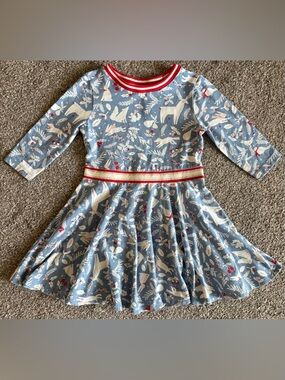 Mini Boden Blue Woodland Print Long-Sleeve Twirl Dress with Red Trim